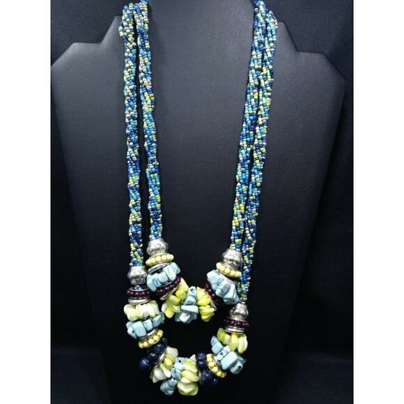 Chico's Blue Green Seed Bead Gemstone MOP Two Strand Necklace, 25 Inches - Picture 2 of 9